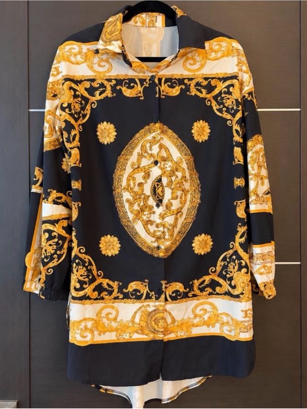 Black Gold Baroque Print Button-Up High-Low Tunic Top